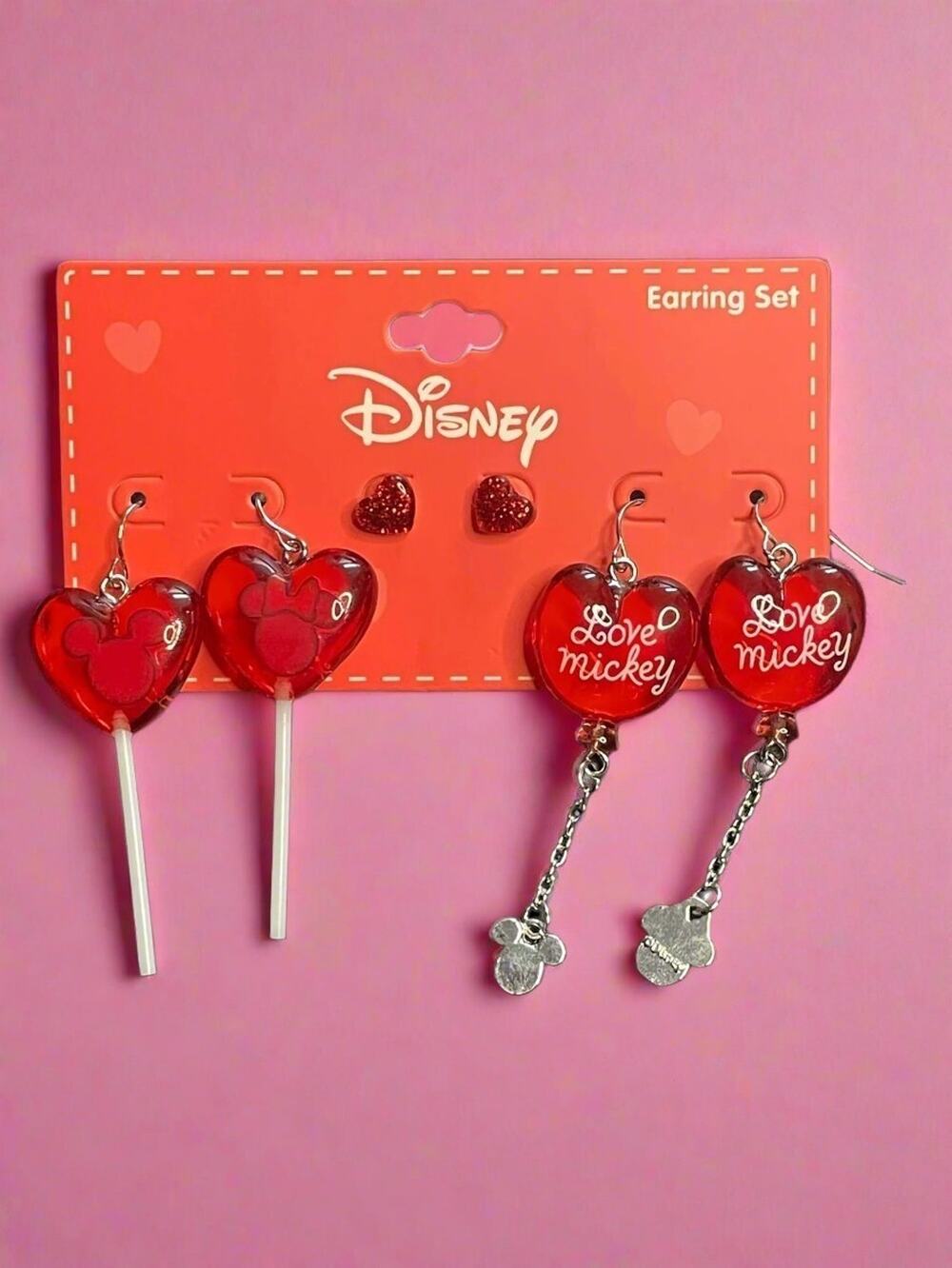 Disney Minnie Mouse Love Mickey Red Hearts Dangling Earring Set of 3 Pairs New